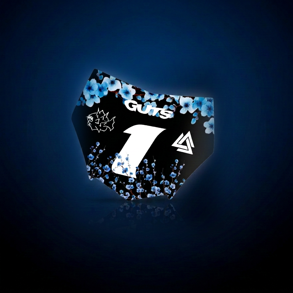 Juiced Up Mods front plate decal with blue cherry blossom design